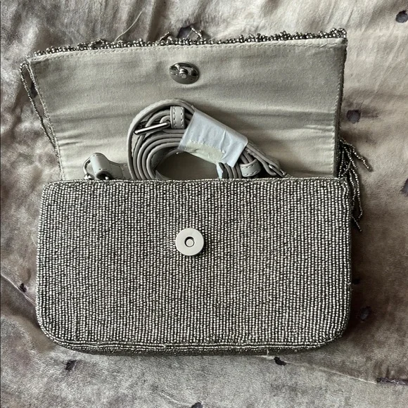 Anthropologie Gunmetal Beaded Fringe Top-Handle Bag - Picture 2 of 5